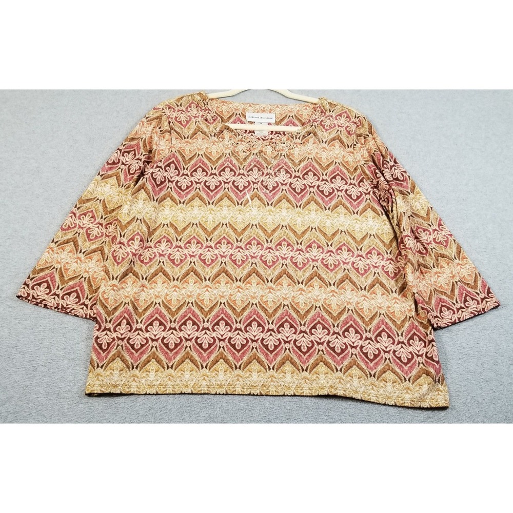 Alfred Dunner Top Women Medium M Geometric Embellished 3/4 Sleeve Blouse Stretch